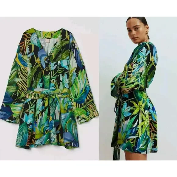 H&M | Dresses | Hm Short Kaftan Tropical Birds Floral Print Belted Size Xs  Runs Big | Poshmark